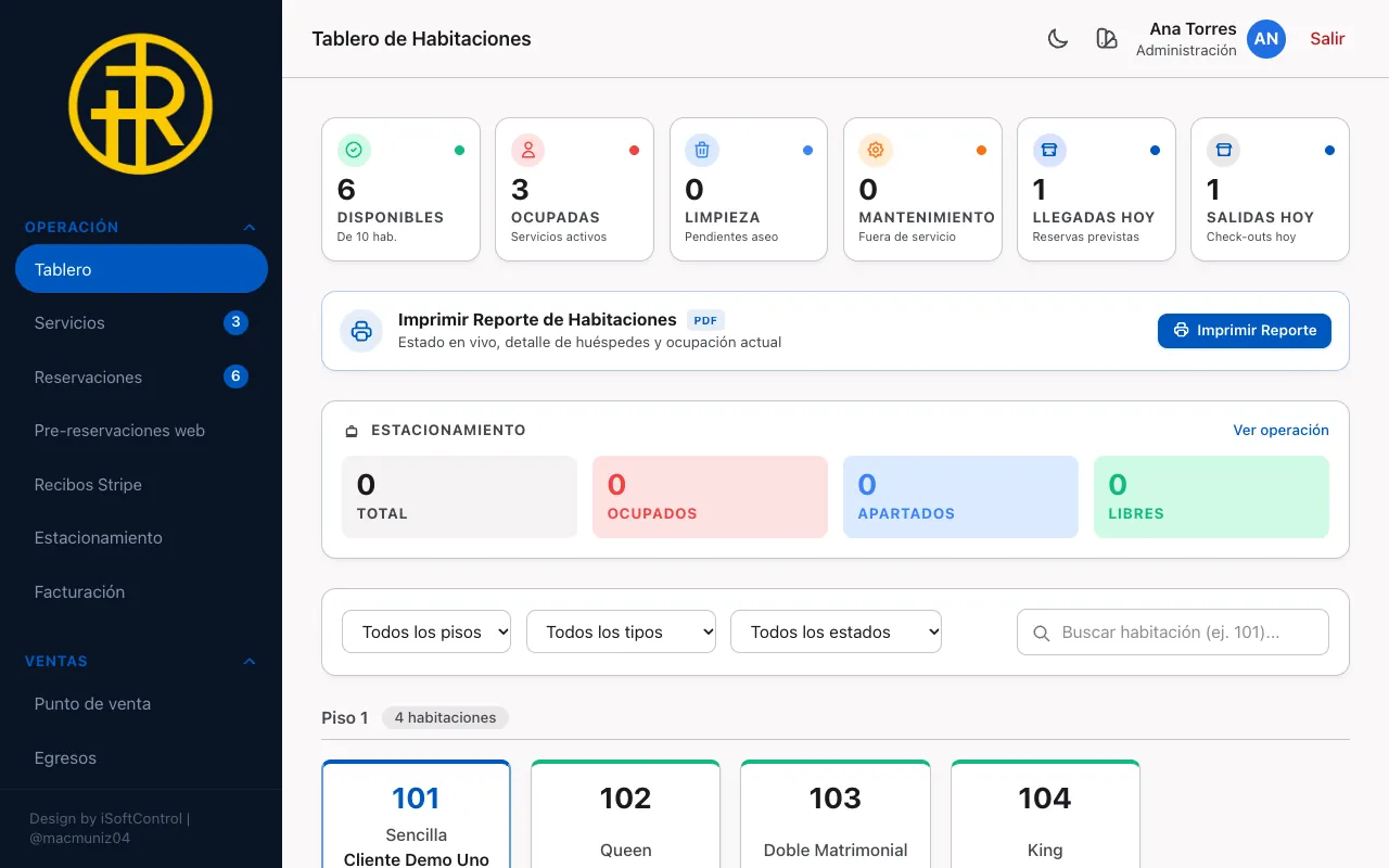 Captura del sistema de operación del Hotel Reforma